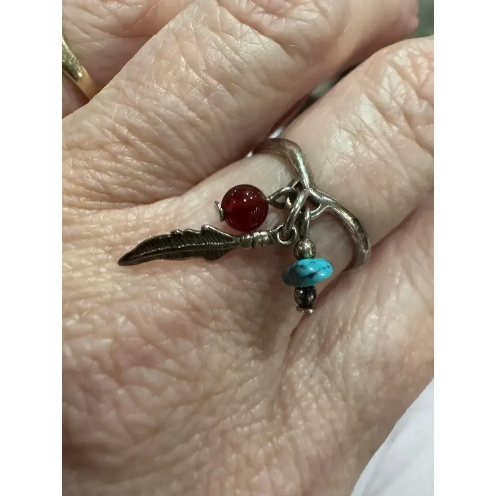 925 Sterling Silver Southwestern Charm Ring – Turquoise, Feather, Red Stone